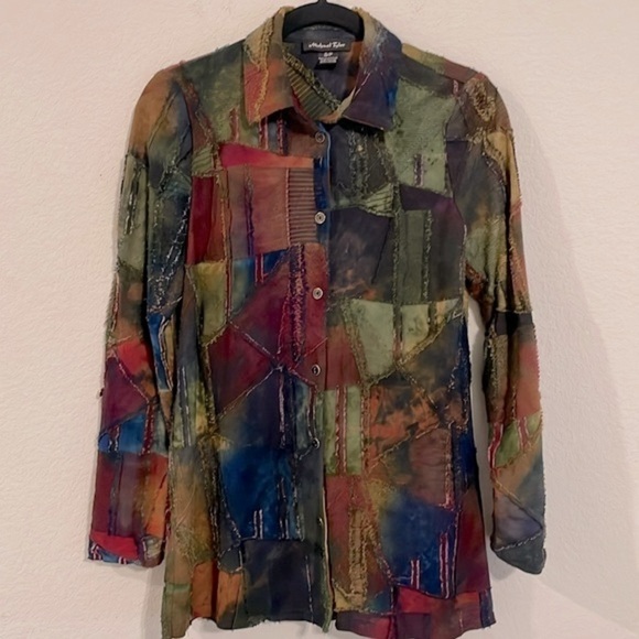 Michael Tyler Women’s Button Front Short Small Colorful Patchwork Lagenlook - Picture 3 of 12